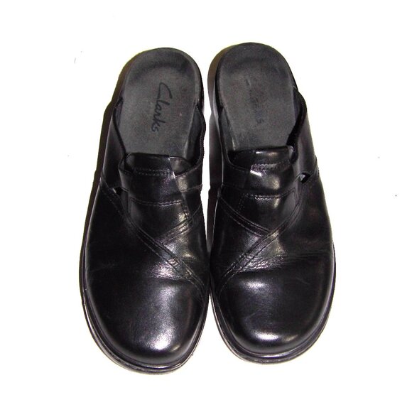 Clarks Black Leather Slip-On Clogs Sandals Women's Size 10 - Picture 1 of 4